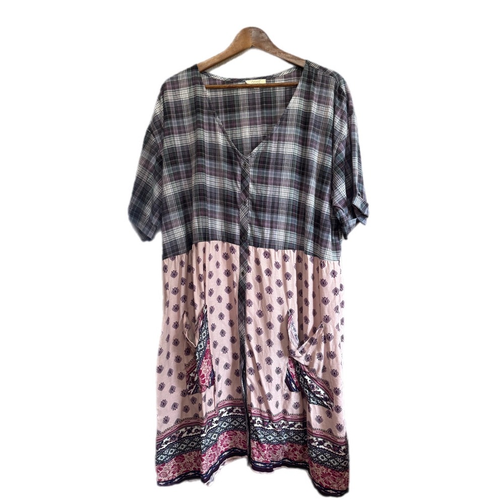 Oddi Mixed Media Dress Womens 3XL Pink‎ Gray Plaid Floral Cotton Excellent